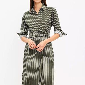 LOFT Green White Striped Wrap Long sleeve Shirtdress Size 8